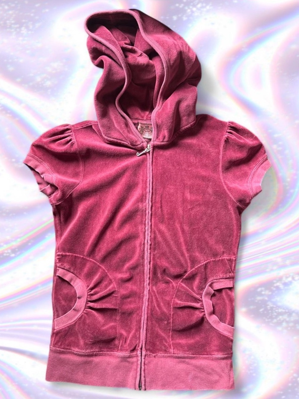 Y2K Vintage Juicy Couture Burgandy Velour Short-Sleeve Hooded Zip-Up